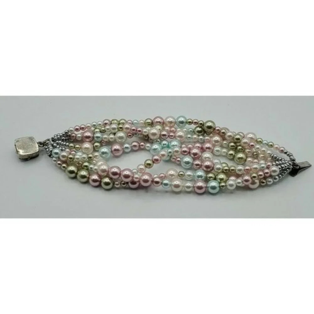Vintage? Faux Pastel Pearls 8 Strand Bracelet Sterling ? Detail Clasp - Picture 6 of 8